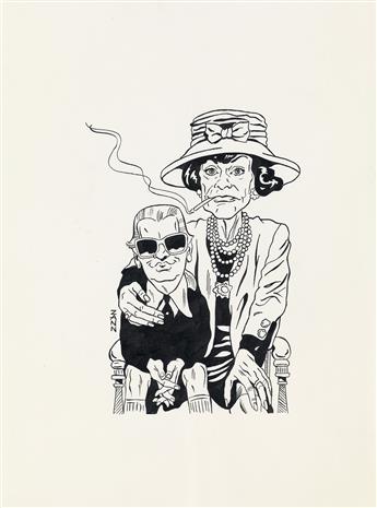 (FASHION / CARICATURE) NICKY ZANN. Karl Lagerfeld and Coco Chanel.